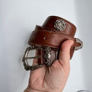 Fossil Vintage Brown Leather Western Belt Silver Concho Style Buckle Unisex L